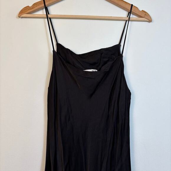 Zara Satin Midi Dress size Large Black Spaghetti Straps cocktail Minimal gala - Picture 5 of 12